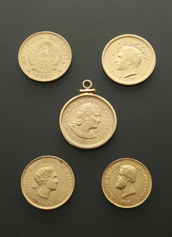 Appraisal: Group of Five Foreign Gold Coins and Medals Consisting of