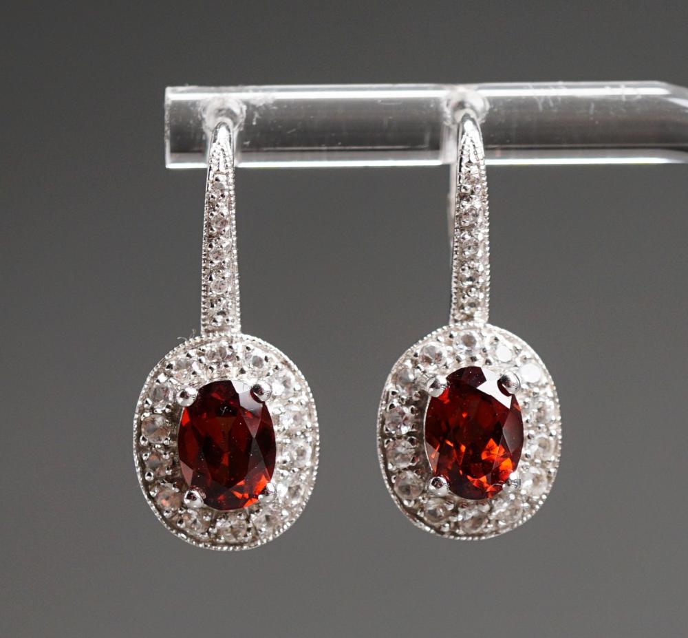 Appraisal: Pair of -Karat White-Gold Garnet and Simulated Diamond Pierced Earrings