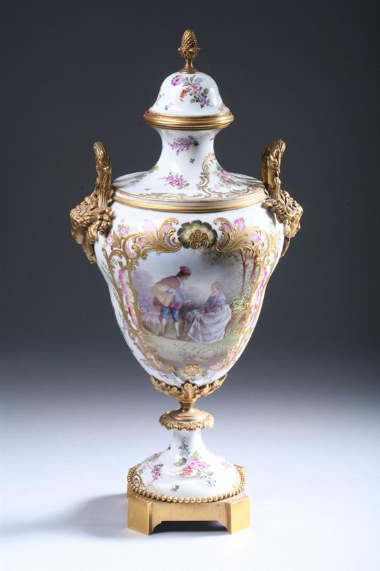 Appraisal: BRONZE-DOR MOUNTED S VRES-STYLE PORCELAIN COVERED URN late th century