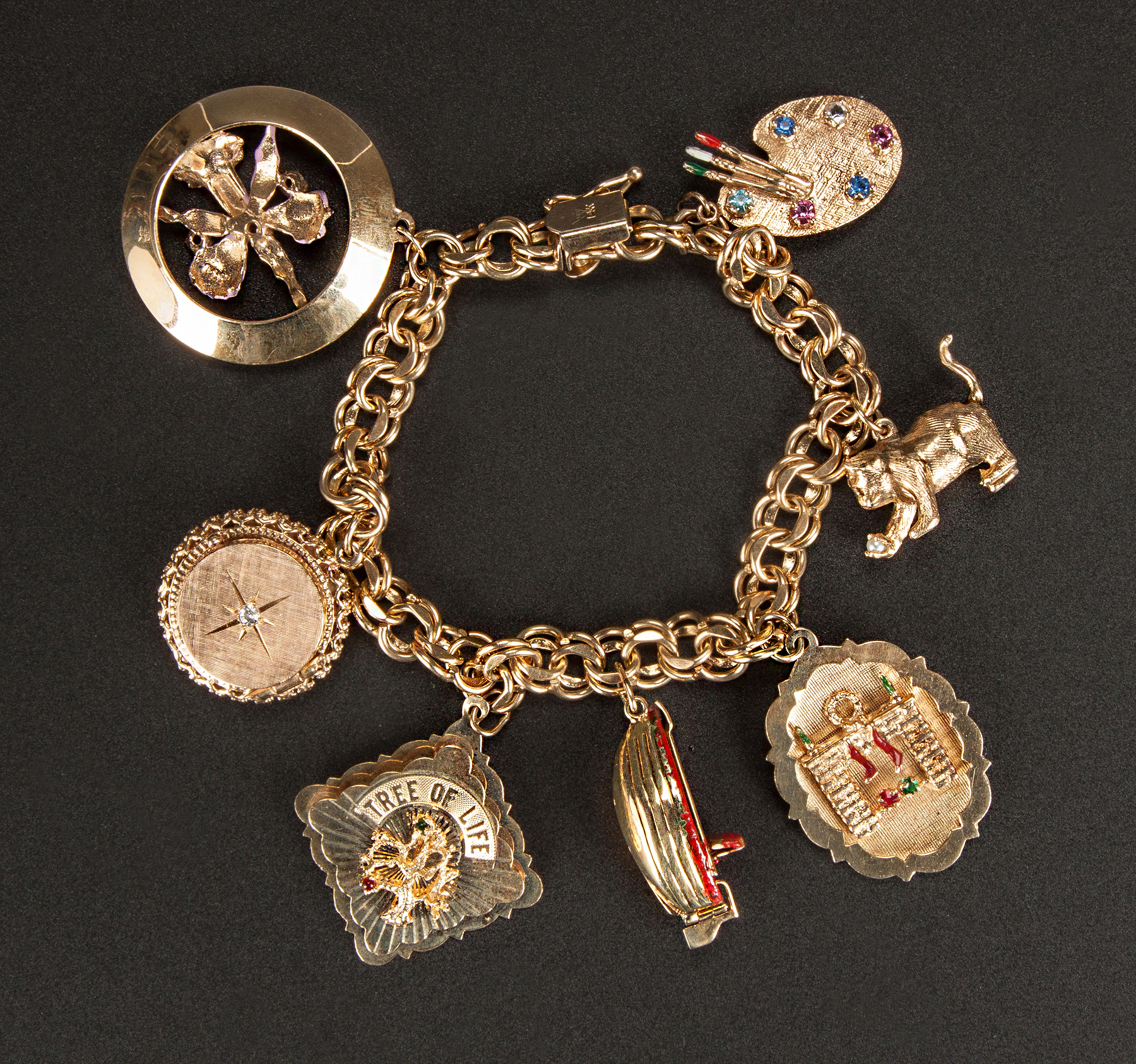 Appraisal: K Gold Charm Bracelet Artist pallet cat fireplace scene row