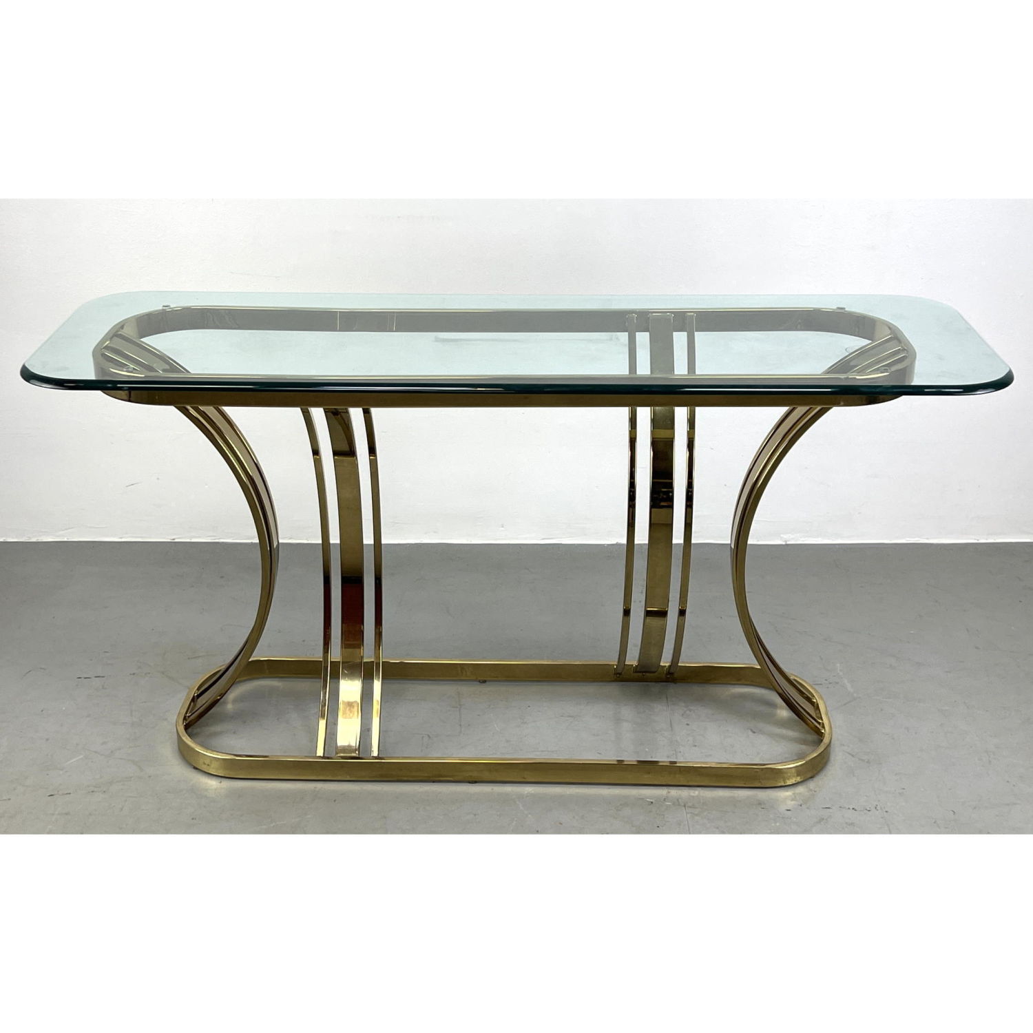 Appraisal: Brass Tone Frame Glass Top Console Table Modernist Design DESIGN