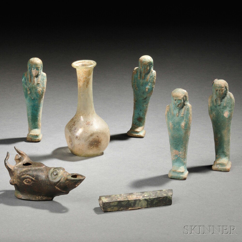 Appraisal: Seven Antique-type Objects four Egyptian-type Ushabti with turquoise-colored glaze ht