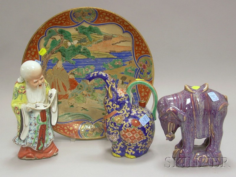 Appraisal: Three Chinese Figures and a Charger a blue figural elephant