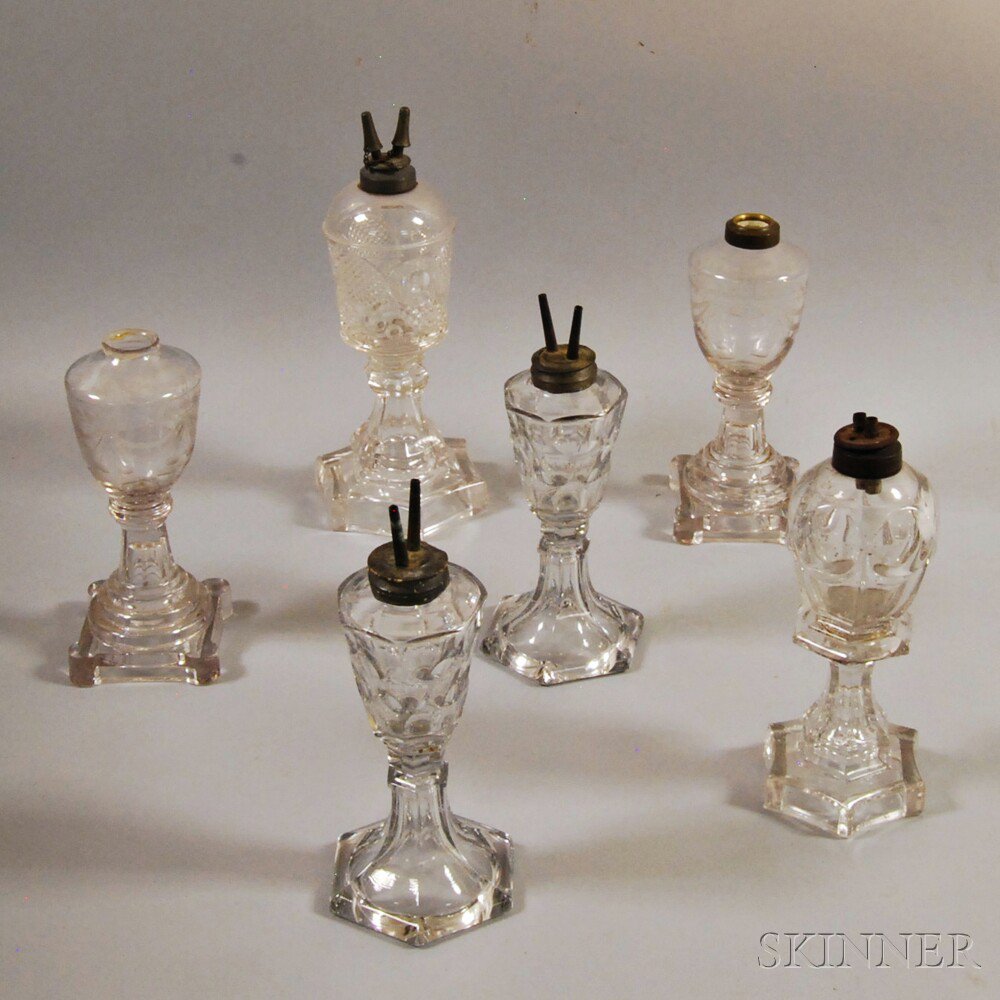 Appraisal: Six Sandwich Colorless Glass Lamps mid- th century a Horn