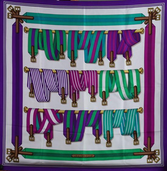 Appraisal: HERM S SILK SCARF J Metz signature Depicting striped belts