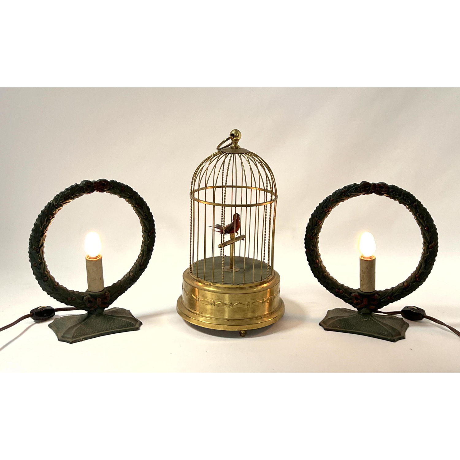 Appraisal: Vintage Lot Automaton Bird Cage and Pair Iron Christmas Wreath