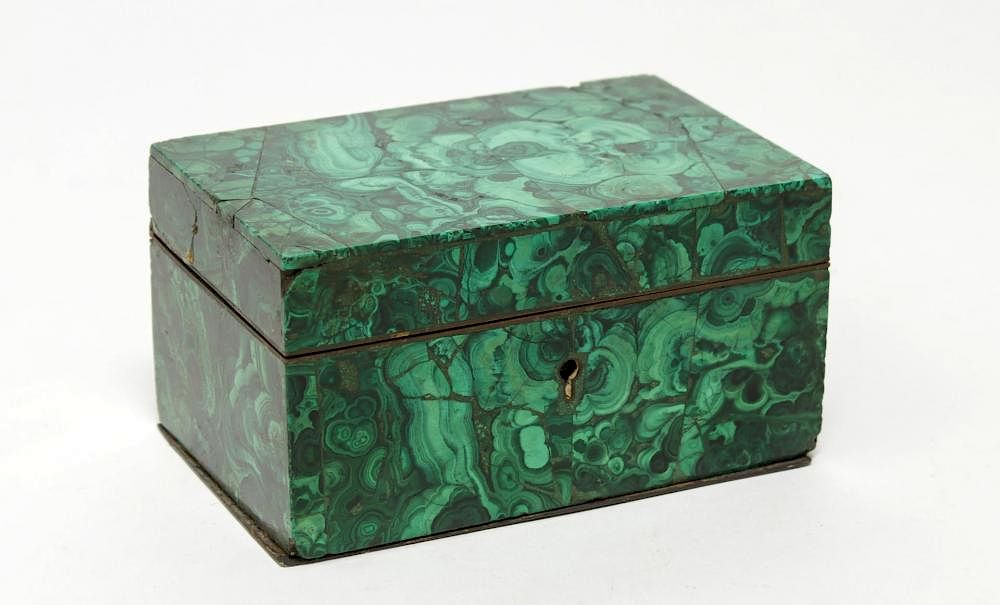 Appraisal: Malachite Wood-Lined Trinket Box th C Antique German trinket box