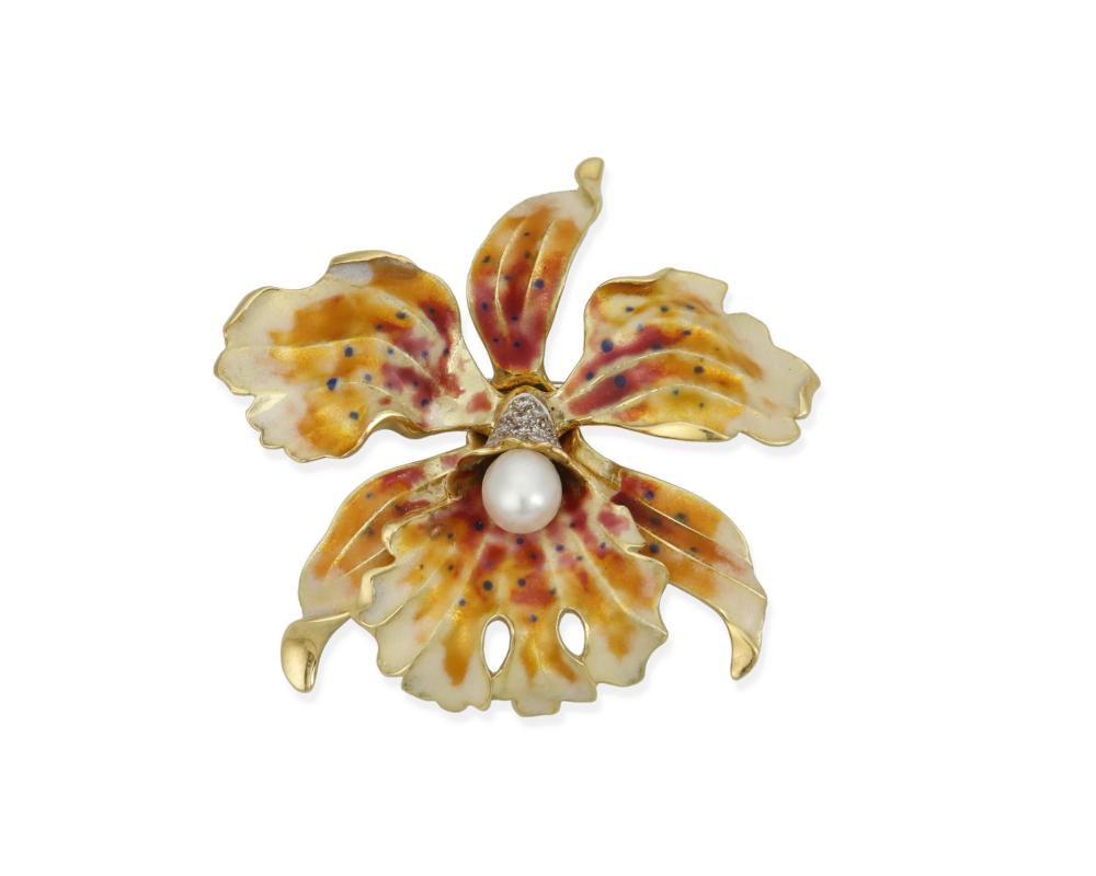 Appraisal: AN ENAMEL PEARL AND DIAMOND ORCHID BROOCHAn enamel pearl and