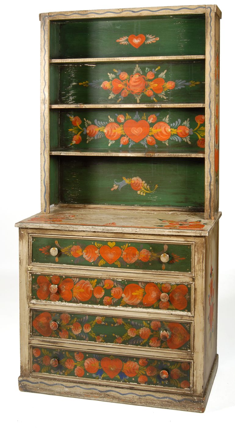 Appraisal: PETER HUNT-DECORATED TWO-PART STEPBACK CUPBOARD Three open shelves above four