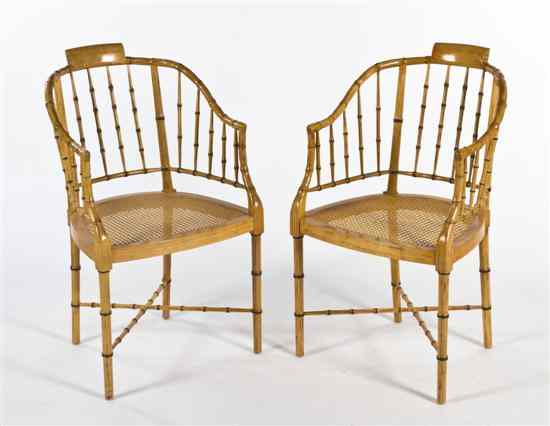 Appraisal: A Pair of American Faux Bamboo Armchairs Baker each having