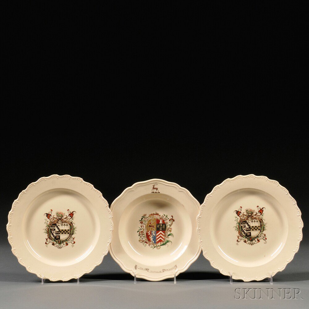 Appraisal: Three Armorial Crested Leeds Creamware Plates England c each gilded