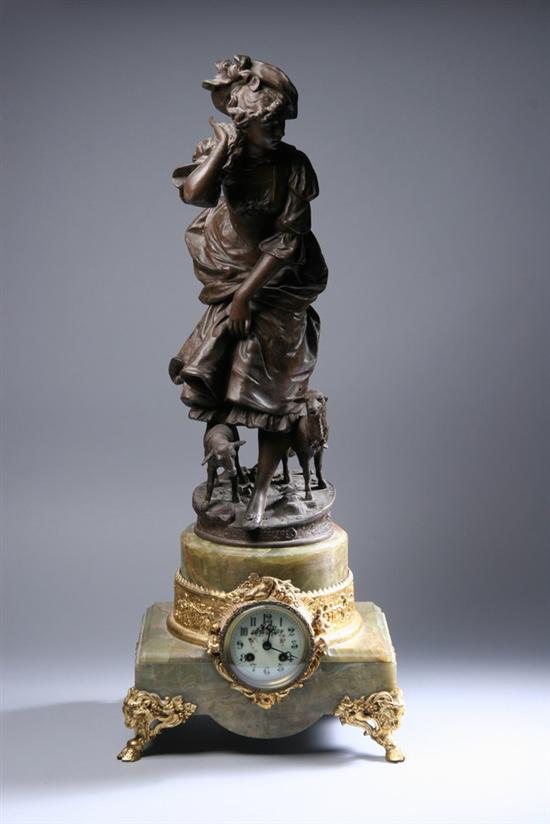 Appraisal: FRENCH GREEN ONYX AND PATINATED METAL FIGURAL CLOCK th century