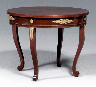 Appraisal: French Empire style center table bookmatched mahogany veneer ormolu mounted