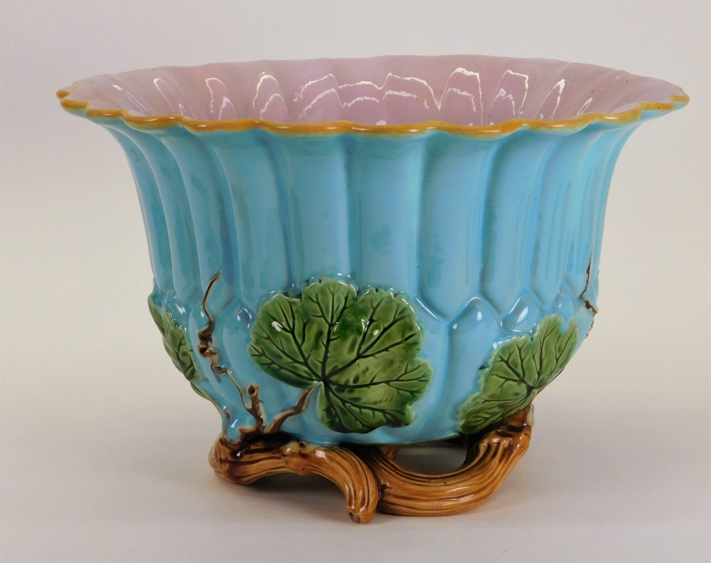 Appraisal: ENGLISH MINTON MAJOLICA LOBED FLORAL JARDINIERE England Late th CenturyTurquoise