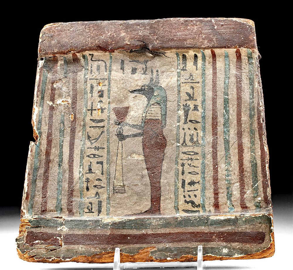 Appraisal: Translated Egyptian Wood Canopic Box Panel w Anubis Ancient Egypt