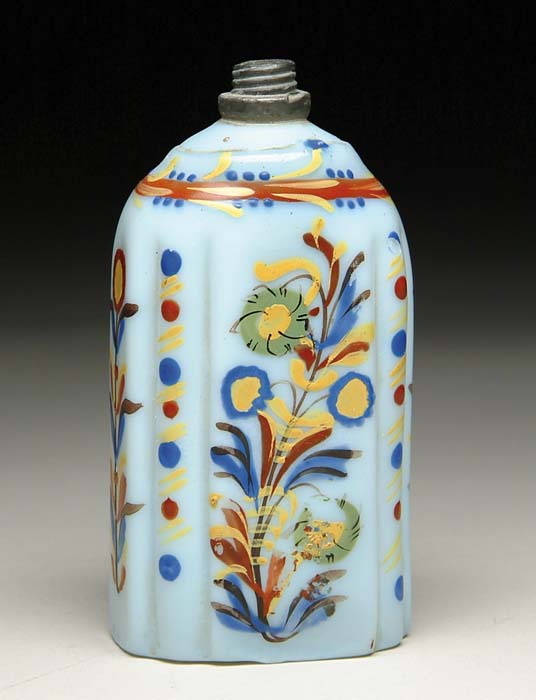 Appraisal: STIEGEL-TYPE BOTTLE White-pastel blue half-post bottle with polychrome enamel floral