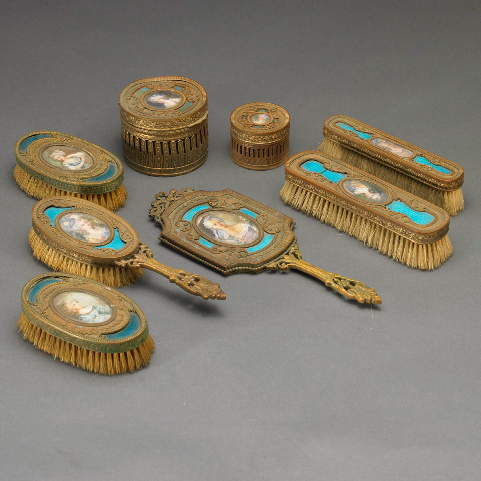 Appraisal: French Gilt Bronze and Enamel Dressing Table Set Mounted with