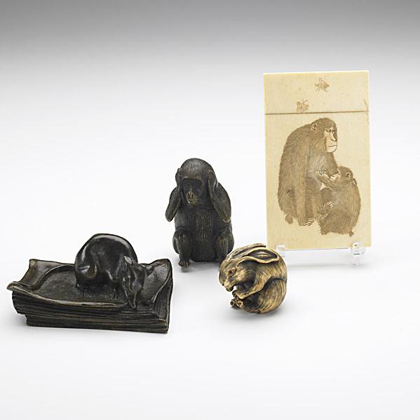 Appraisal: FOUR ANIMAL ITEMSBronze monkey and mouse together with an ivory