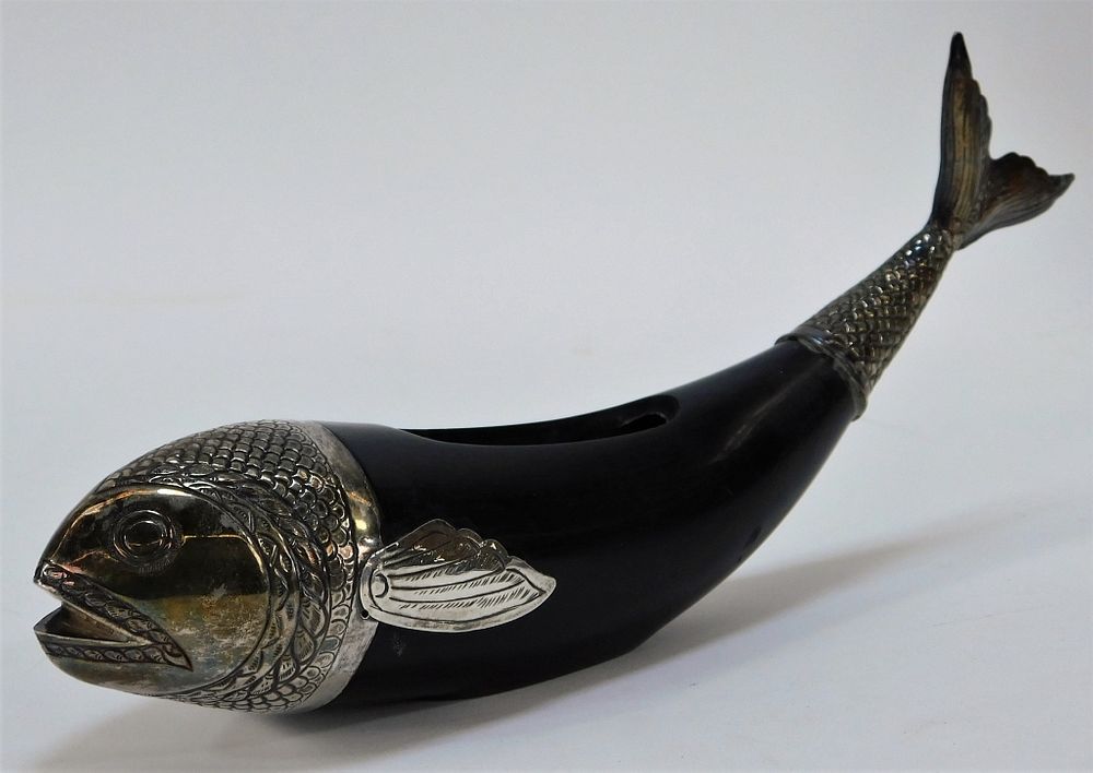 Appraisal: Islamic Silver Decorated Carved Horn Figural Fish Middle East th