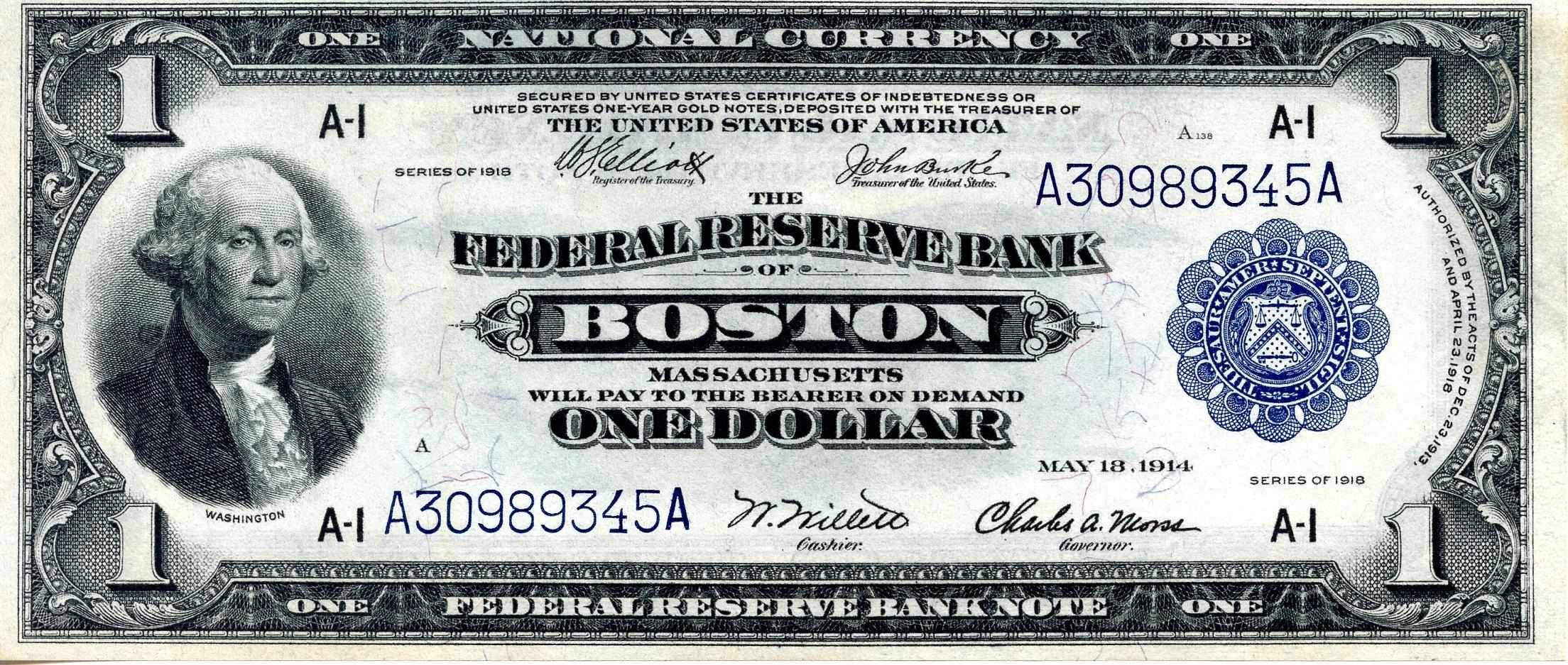 Appraisal: Fr Federal Reserve Bank Note - Boston This note has