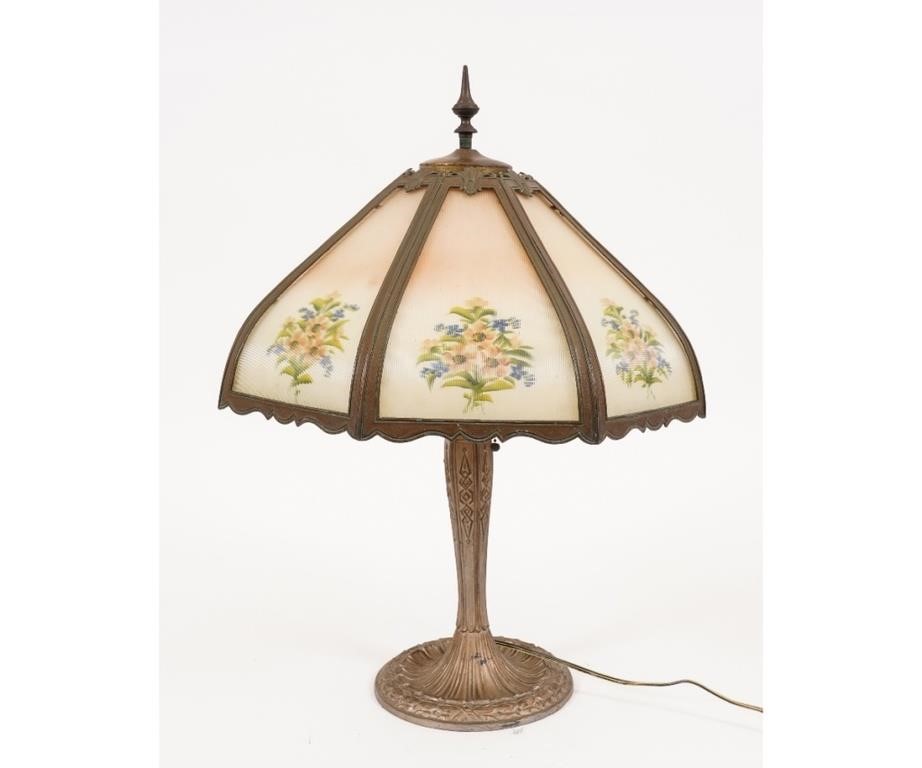 Appraisal: Faux bronze metal table lamp with eight floral glass panels