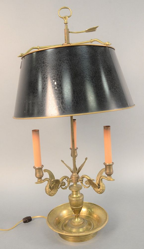 Appraisal: French empire style three-light adjustable shade bouillotte lamp three swan