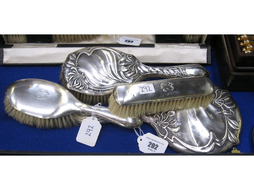 Appraisal: Lot comprising Art Nouveau silver brush and mirror set and