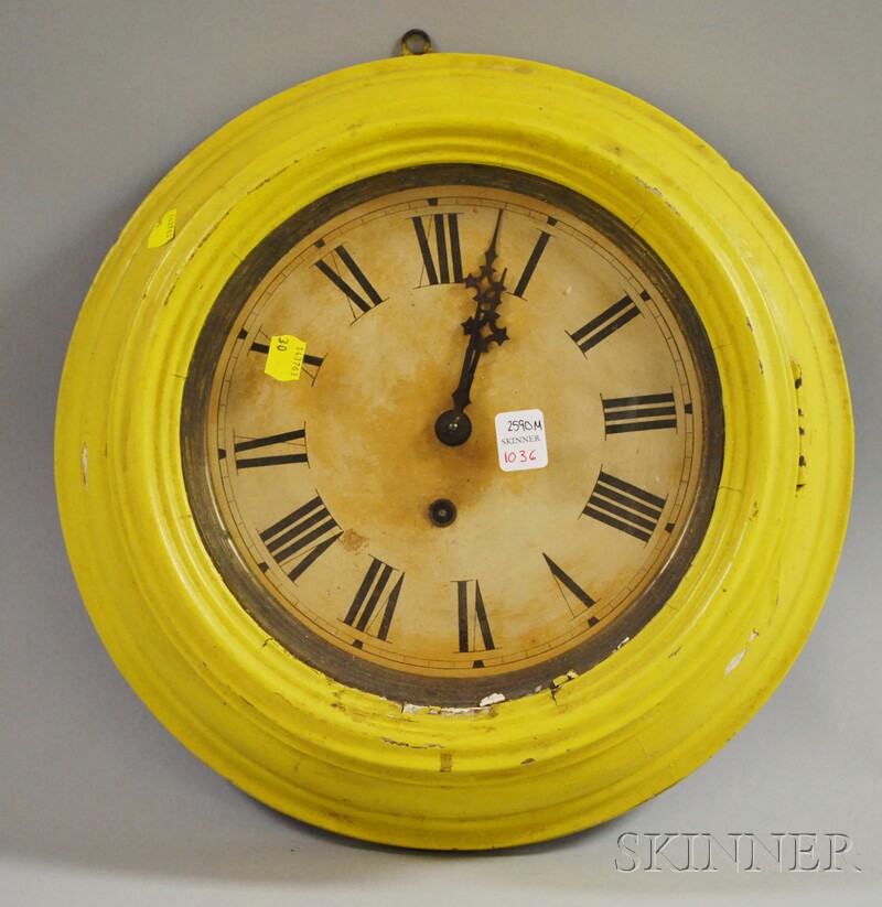 Appraisal: E Ingraham Gallery Clock yellow-painted circular case paper on zinc