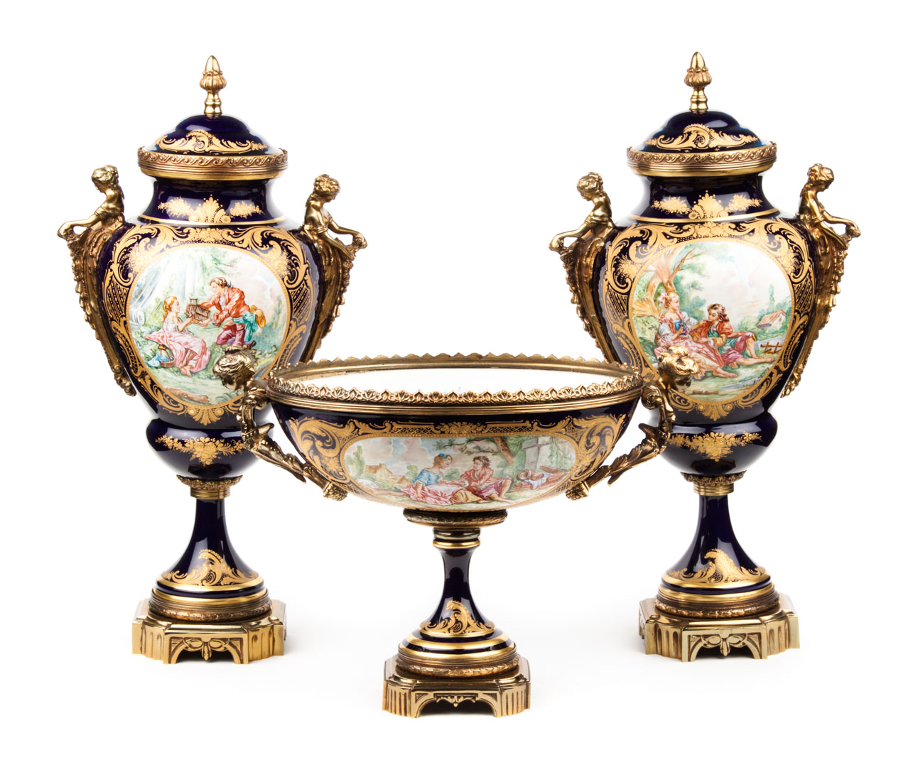 Appraisal: Limoges gilt-metal-mounted porcelain garniture three-piece garniture in the Sevres manner