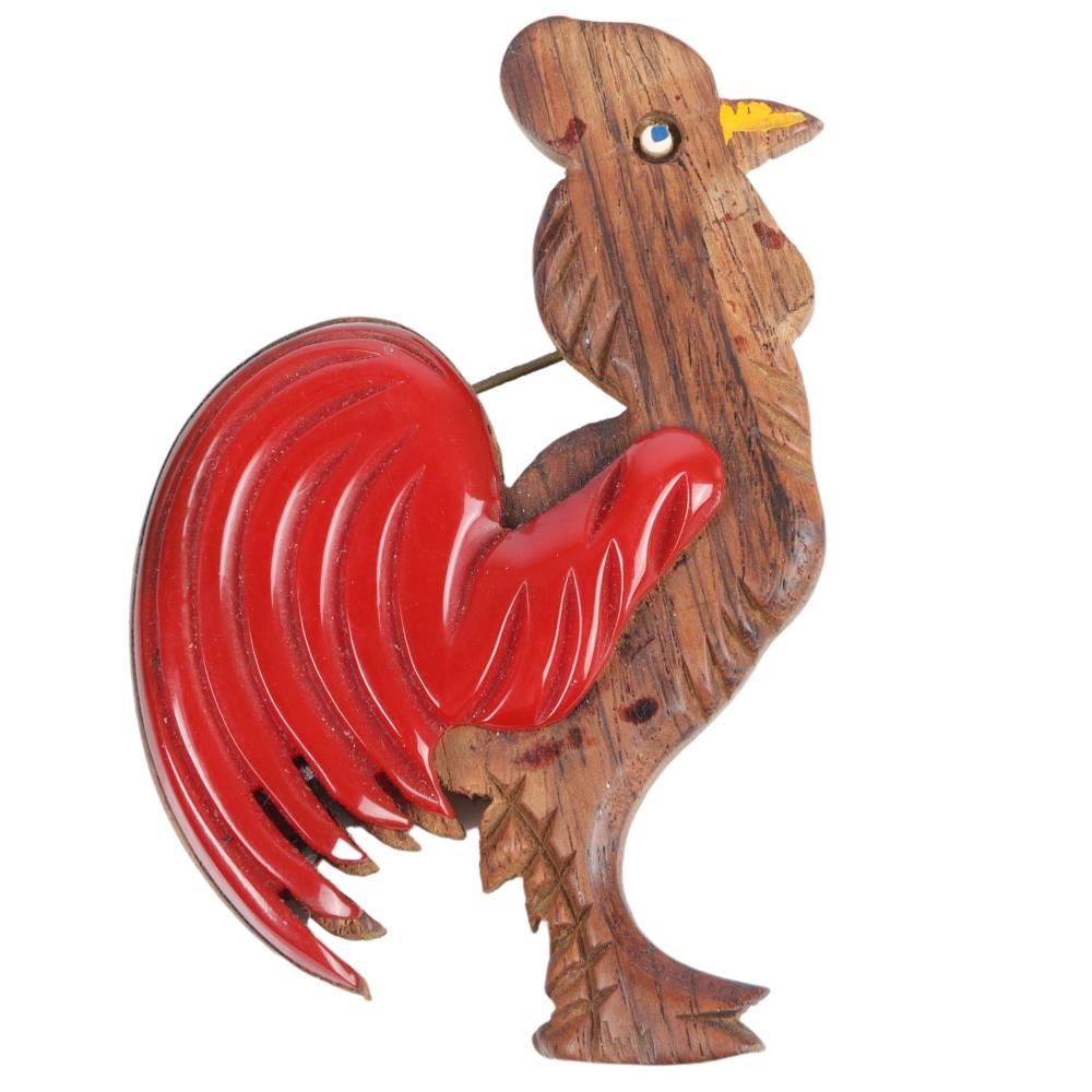 Appraisal: RED BAKELITE AND WOOD LAMINATED ROOSTER PIN H X WRed