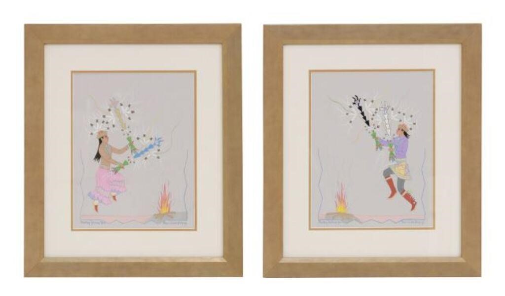 Appraisal: lot of Framed gouache paintings on paper Feather Dancers signed