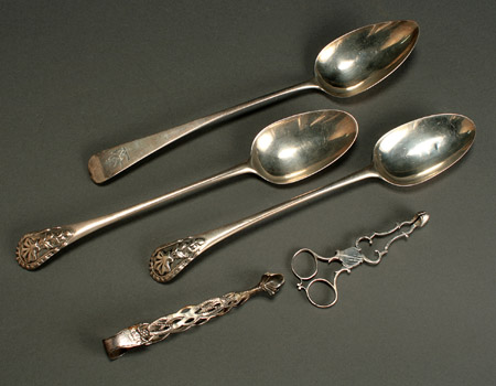 Appraisal: Three George III Silver Serving Spoons and Two Sugar Tongs