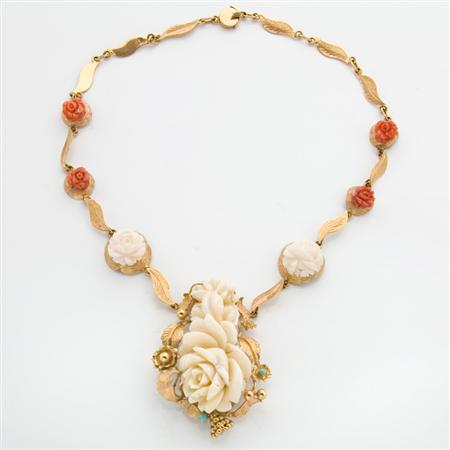 Appraisal: Gold Carved Coral and Turquoise Pendant-Necklace Estimate -