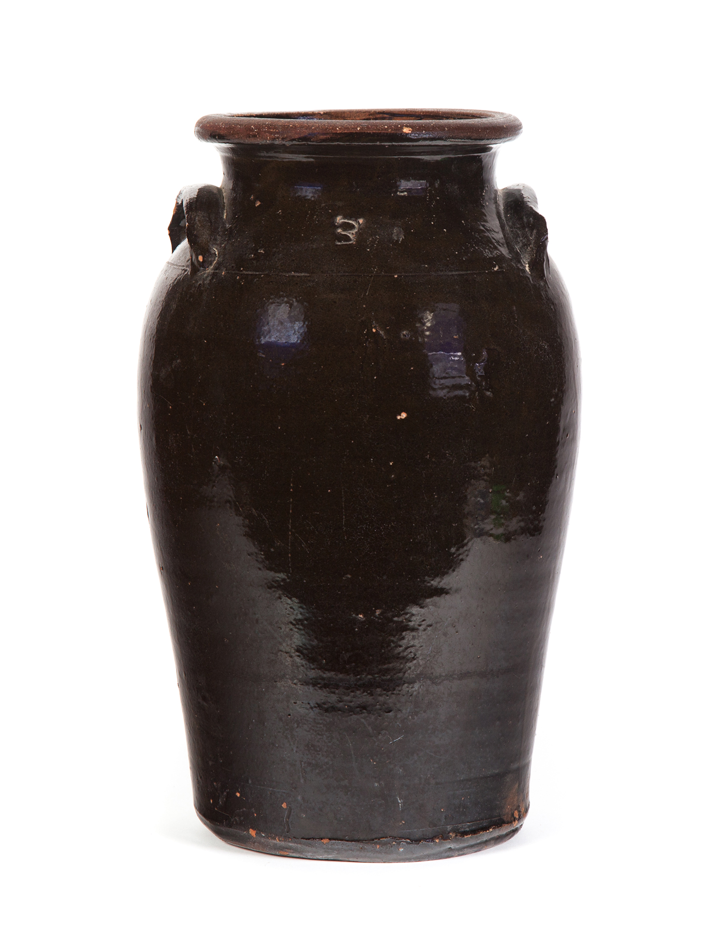 Appraisal: SOUTHERN REDWARE GLAZED HANDLED JAR American nd half- th century