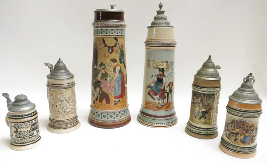 Appraisal: SIX GERMAN STONEWARE STEINS with polychrome glazes and hinged pewter