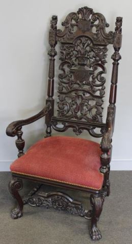 Appraisal: Highly Carved High Back Chair With carved lions and central