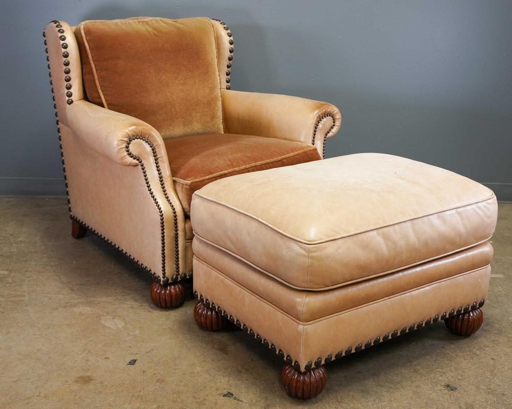 Appraisal: ZAMBRANO STUDDED LEATHER AND MOHAIR CLUBCHAIR WITH OTTOMANCondition with wear