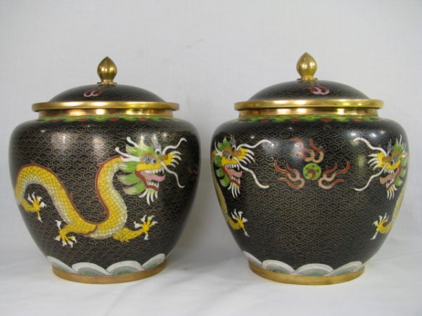 Appraisal: Pair of mid th century Chinese cloisonne black ginger jars