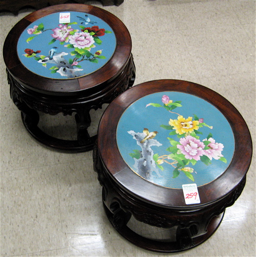 Appraisal: A PAIR OF CLOISONNE AND ROSEWOOD LOW TABLES Chinese th