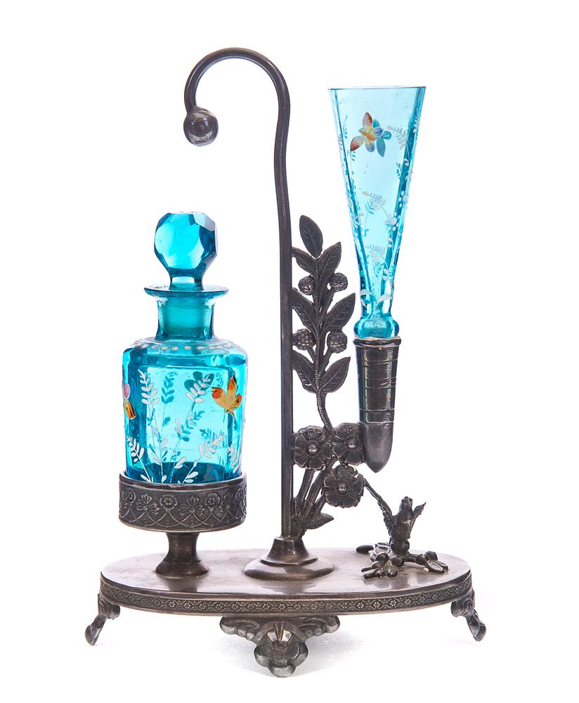 Appraisal: Victorian Blue Enameled Perfume Bottle and Vase Victorian Blue Enameled