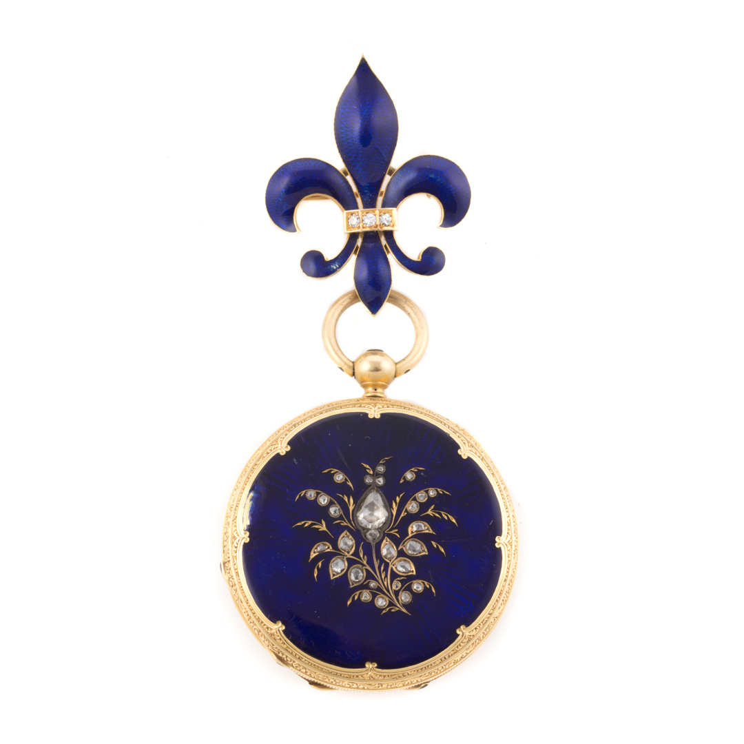 Appraisal: A Lady's Blue Enamel Diamond Pocket Watch K yellow gold