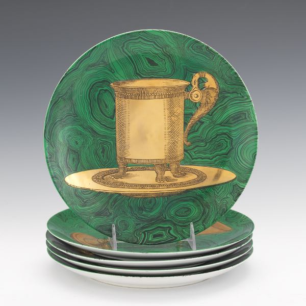 Appraisal: PIERO FORNASETTI MALACHITE GREEN PLATES WITH GOLD DESIGNS AND Porcelain