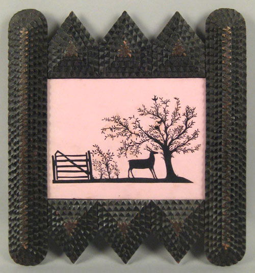 Appraisal: Tramp art frame late th c with cutout silhouette of