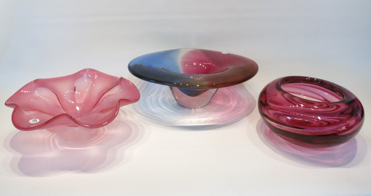 Appraisal: THREE STUDIO ART GLASS BOWLS various shapes colors and sizes