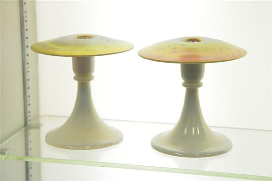 Appraisal: PAIR OF STEUBEN CANDLE HOLDERS Gold Aurene and calcite holders