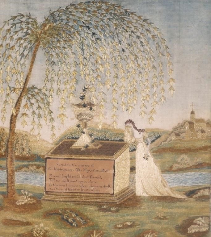 Appraisal: American embroidered silk illustration Mourning mother at grave Applied paper