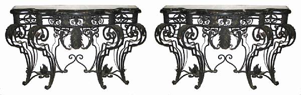 Appraisal: A pair of Louis XV style wrought iron consoles with