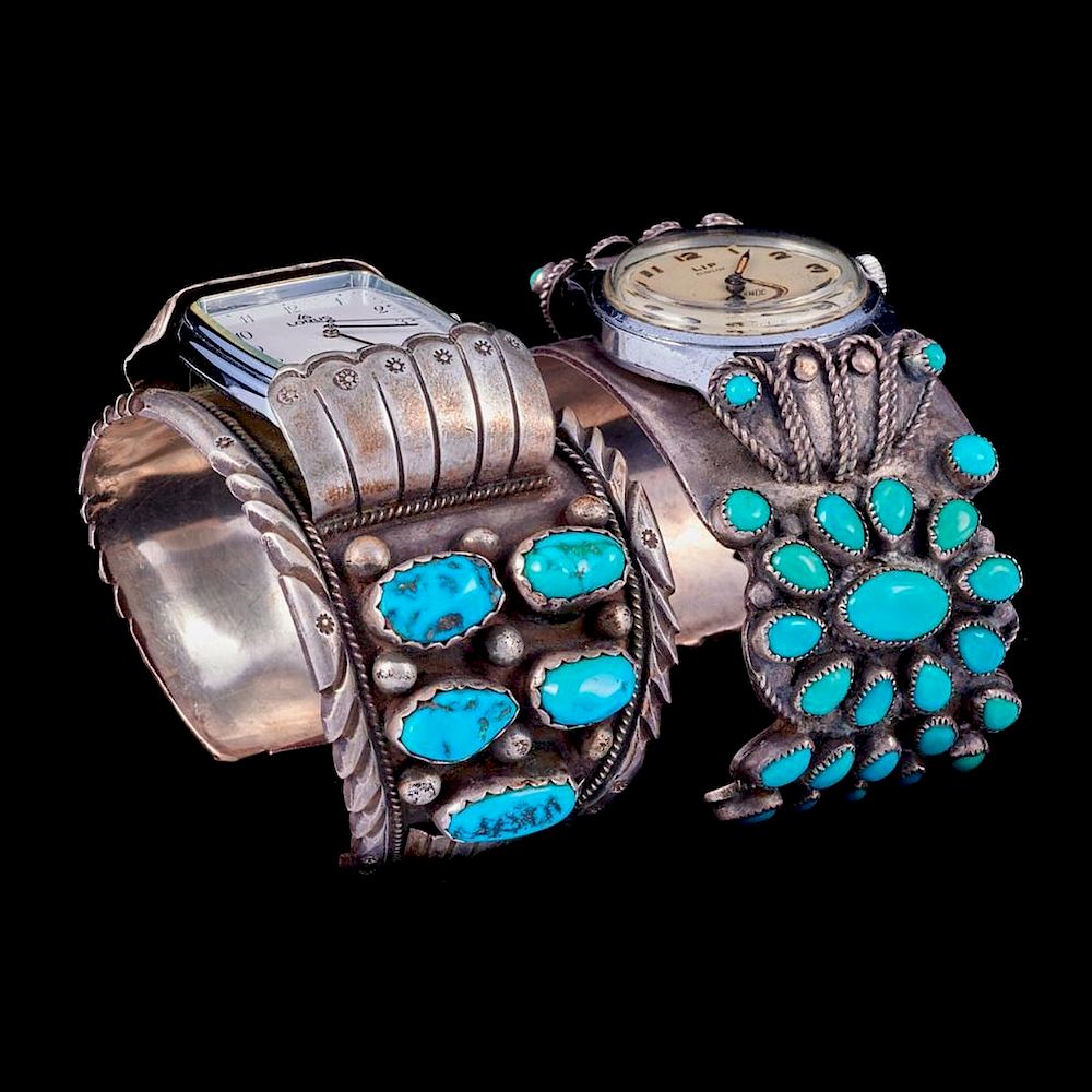 Appraisal: NAVAJO WATCH CUFF BRACELETS Two old pawn turquoise and silver