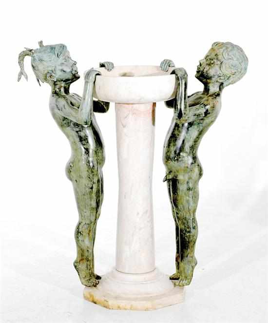 Appraisal: Bronze and marble garden fountain or birdbath depicting two children