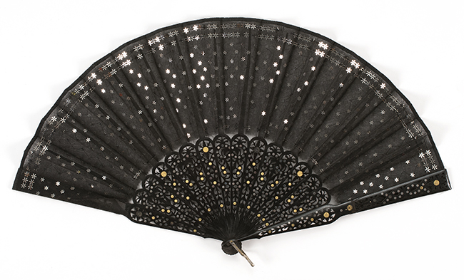 Appraisal: SILK NETTING AND WOOD FOLDING FAN th CenturySilver sequins applied